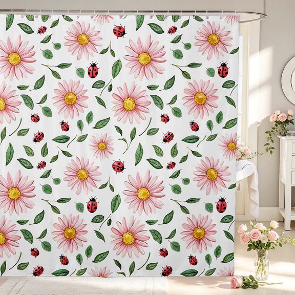 Erosebridal Romantic Flower Shower Curtain 72Wx72L,Watercolor Bug Ladybug Bathroom Curtain,White Pink