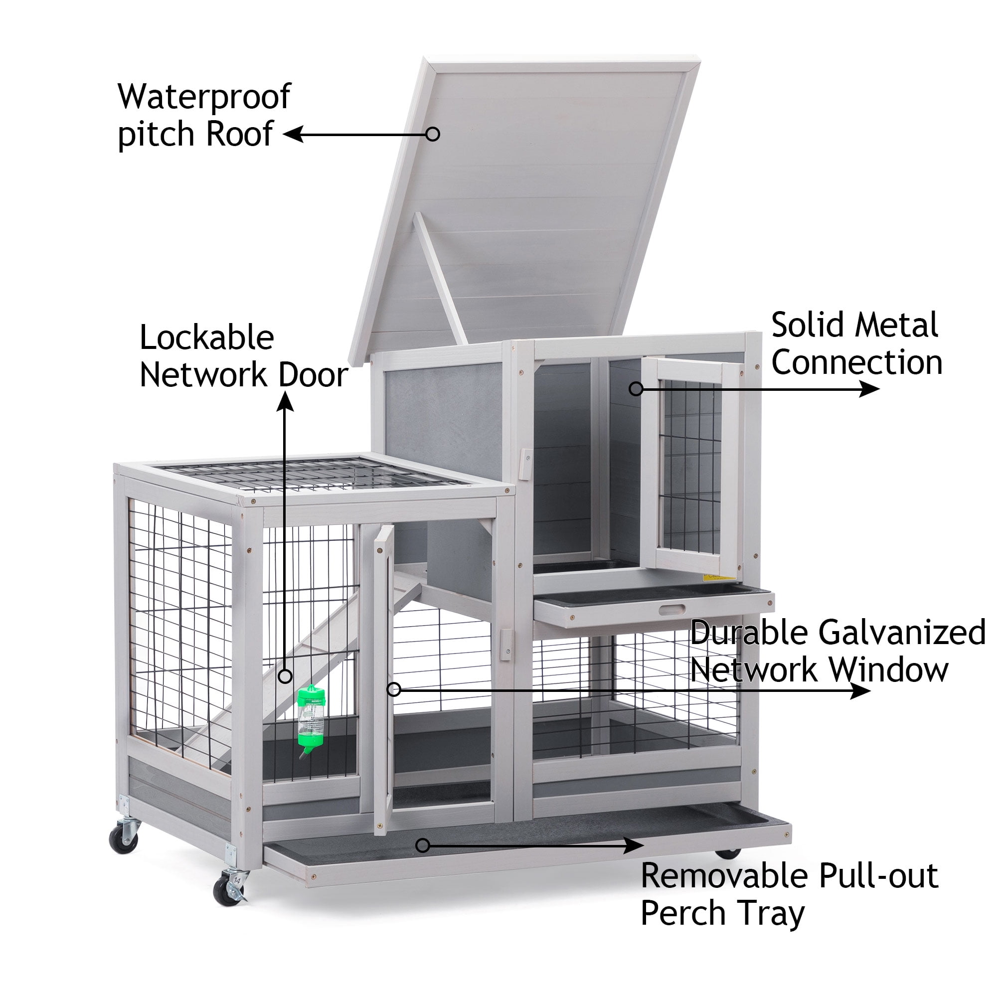 Coziwow Rabbit Hutch Outdoor Wooden Pet Small Animal Cage with Wheels, Openable roof, Gray