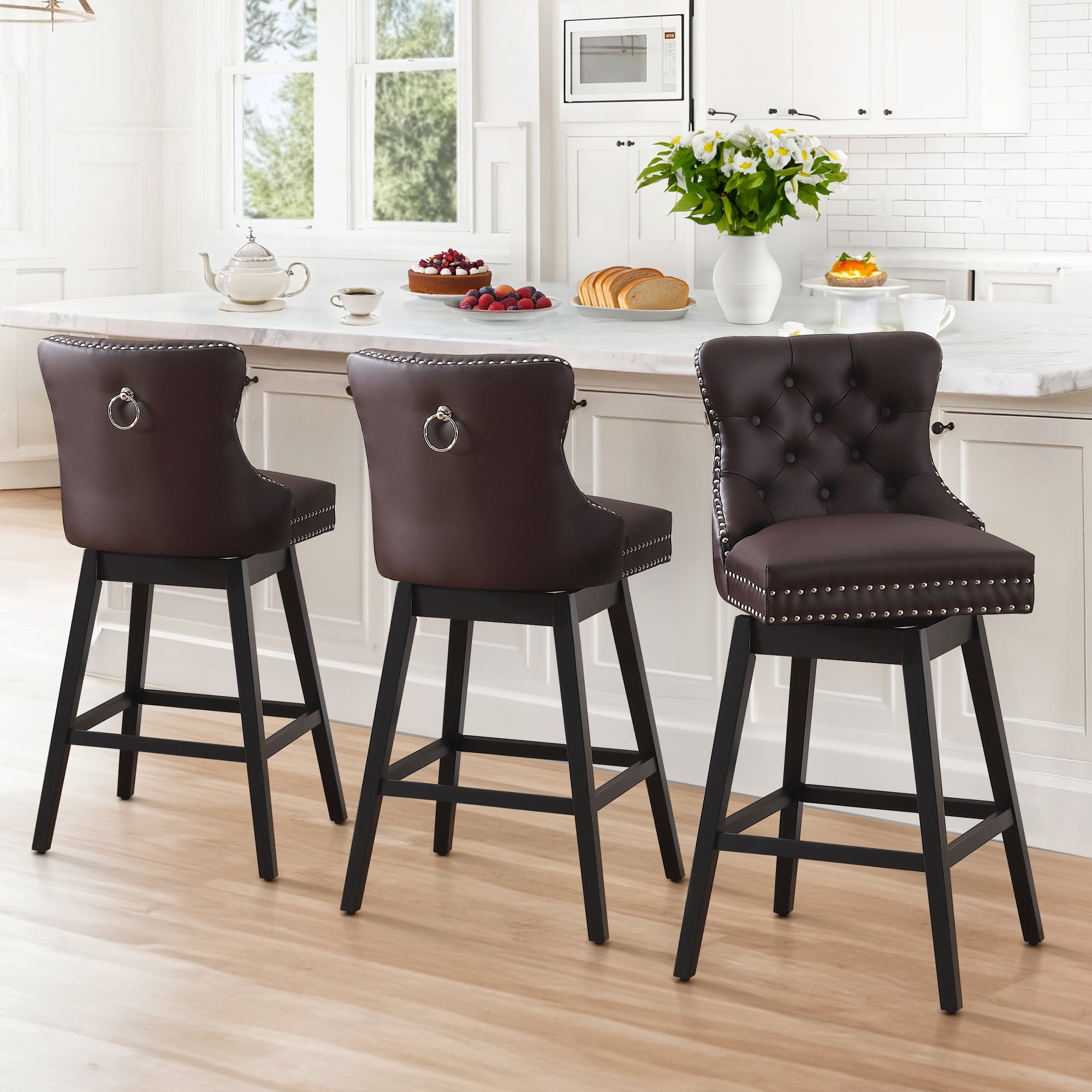 Tewloss 26" Swivel Bar Stools Set of 3 Leather Counter Height Chairs for Home Kitchen Dining, Brown