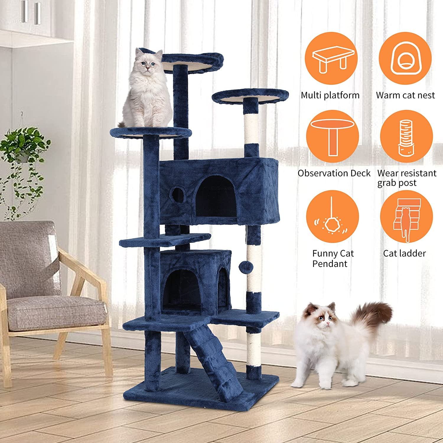 Bestpet 54-inch Cat Tree Tower, Standing House Cat Condo with Scratch Stay and Fun Toys, Navy Blue
