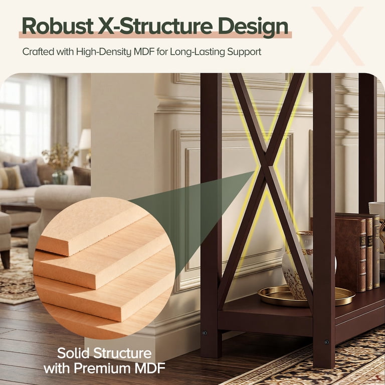 ZENY 39.4" 2-Tier Console Table, Brown Wood X-Frame photo 7