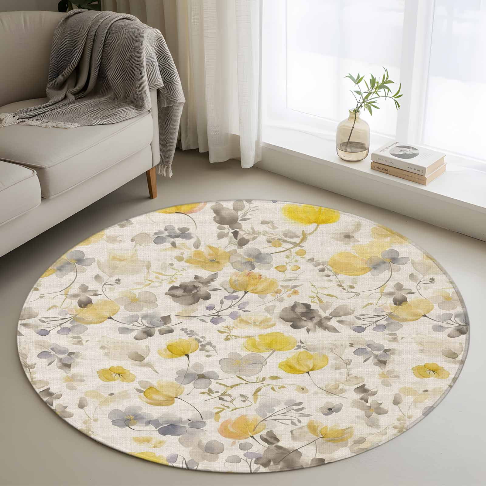 Non-Slip Rug Pad Rugs Pastoral Yellow Grey Flowers Round Area Rugs 3Ft Soft Carpet Pads for Living Room Kids Room Floral Branch on Rustic Linen