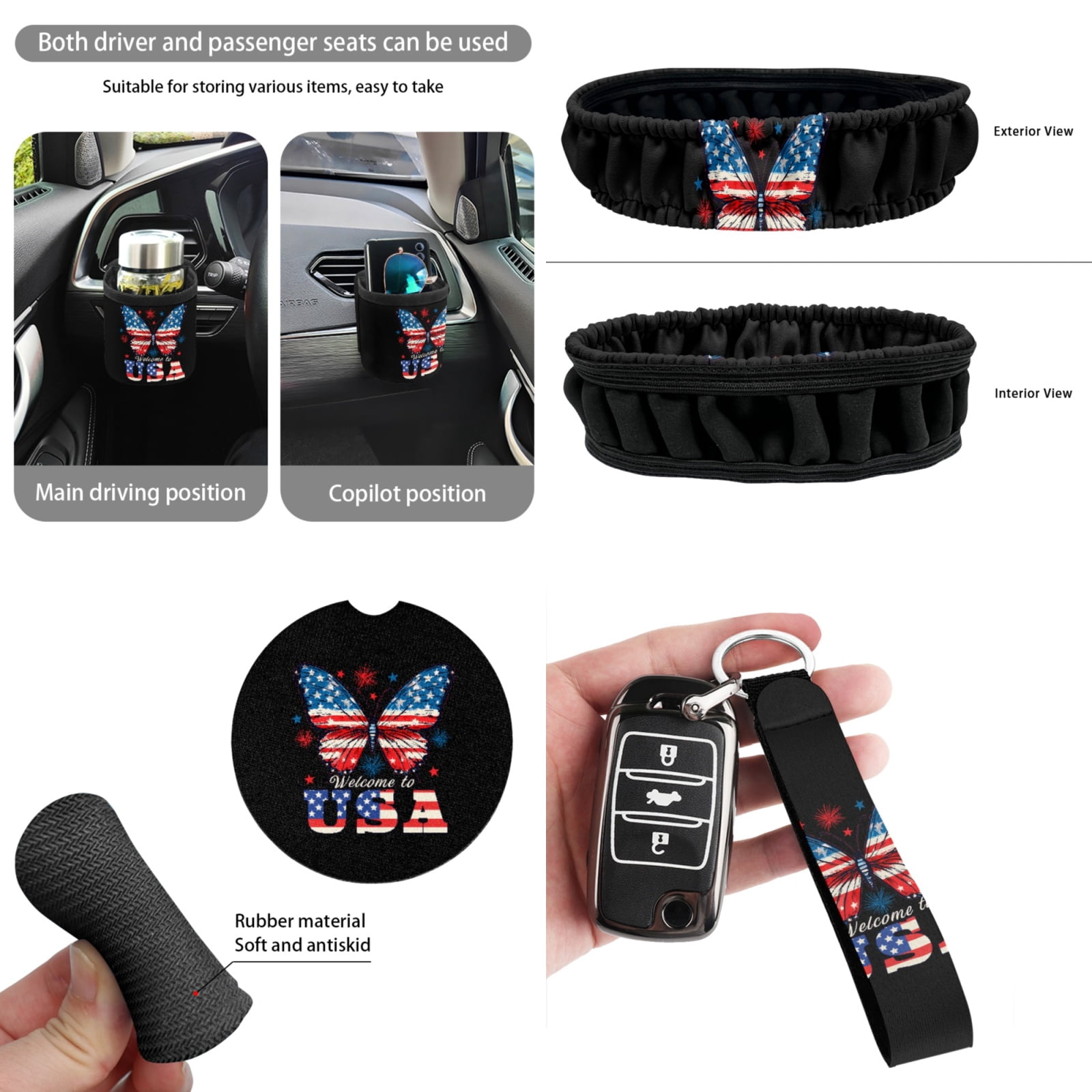 Yuyamidu Butterfly Car Seat Covers Full Set of 15 American Flag Steering Wheel Cover Seat Belt Covers Trash Box Air Vent Pouch Rear View Mirror Cover Auto Coasters Keychain Wristlet Strap