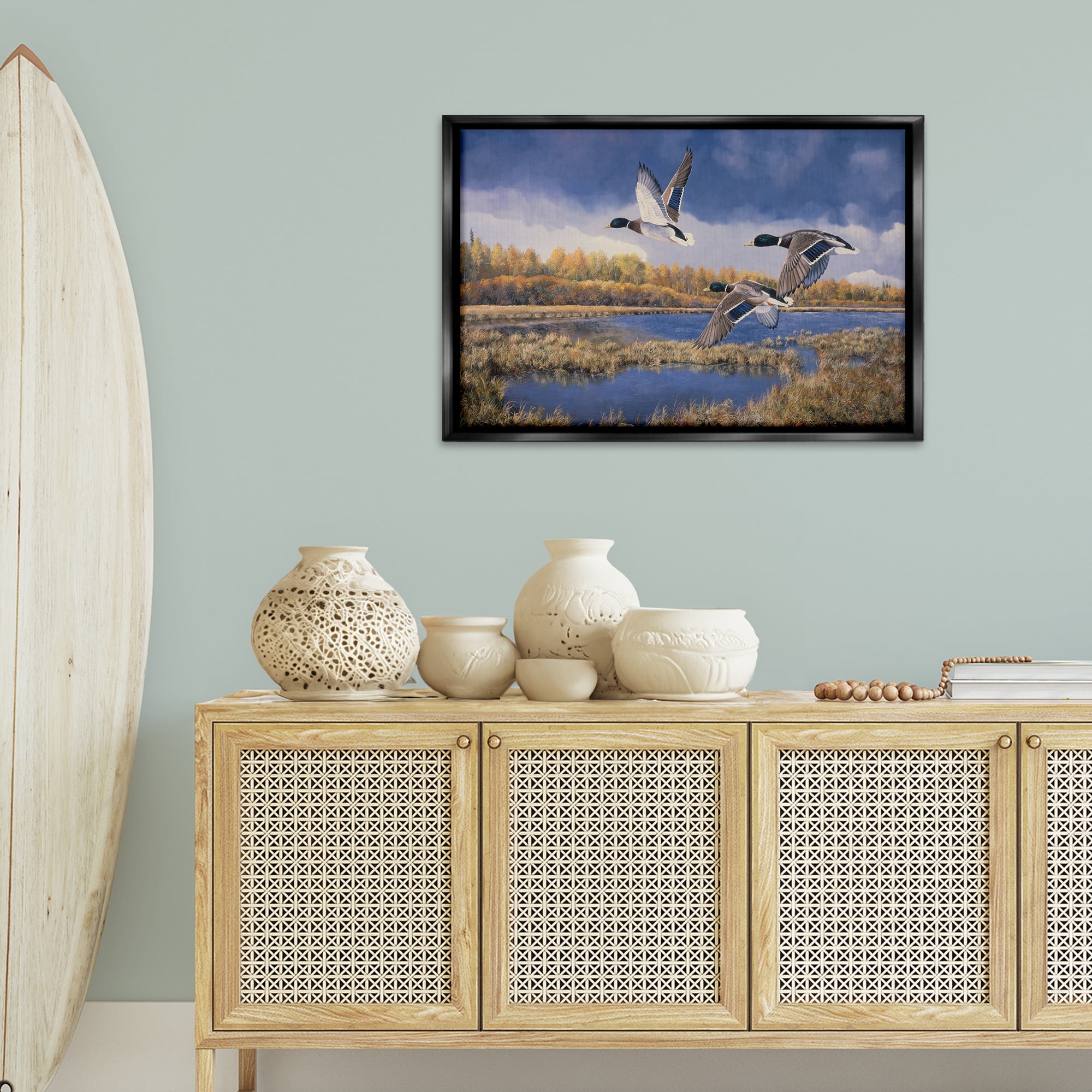 Stupell Industries Ducks Heading South Landscape & Nature Painting Black Floater Framed Canvas Art Print Wall Art, 31 x 21