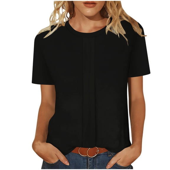 Ecqkame Women's Lightweight Shirts Casual Loose Pleated Round Neck Short Sleeved T-Shirt Solid Color Base Pullover Tops Black XXL
