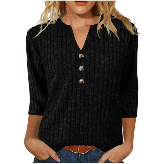 Fmbrln Womens Trendy 3/4 Sleeve Knitted Sweaters Fall Fashion V Neck Button Sweaters Tops Casual Loose Solid Pullover Sweaters Black 2XL