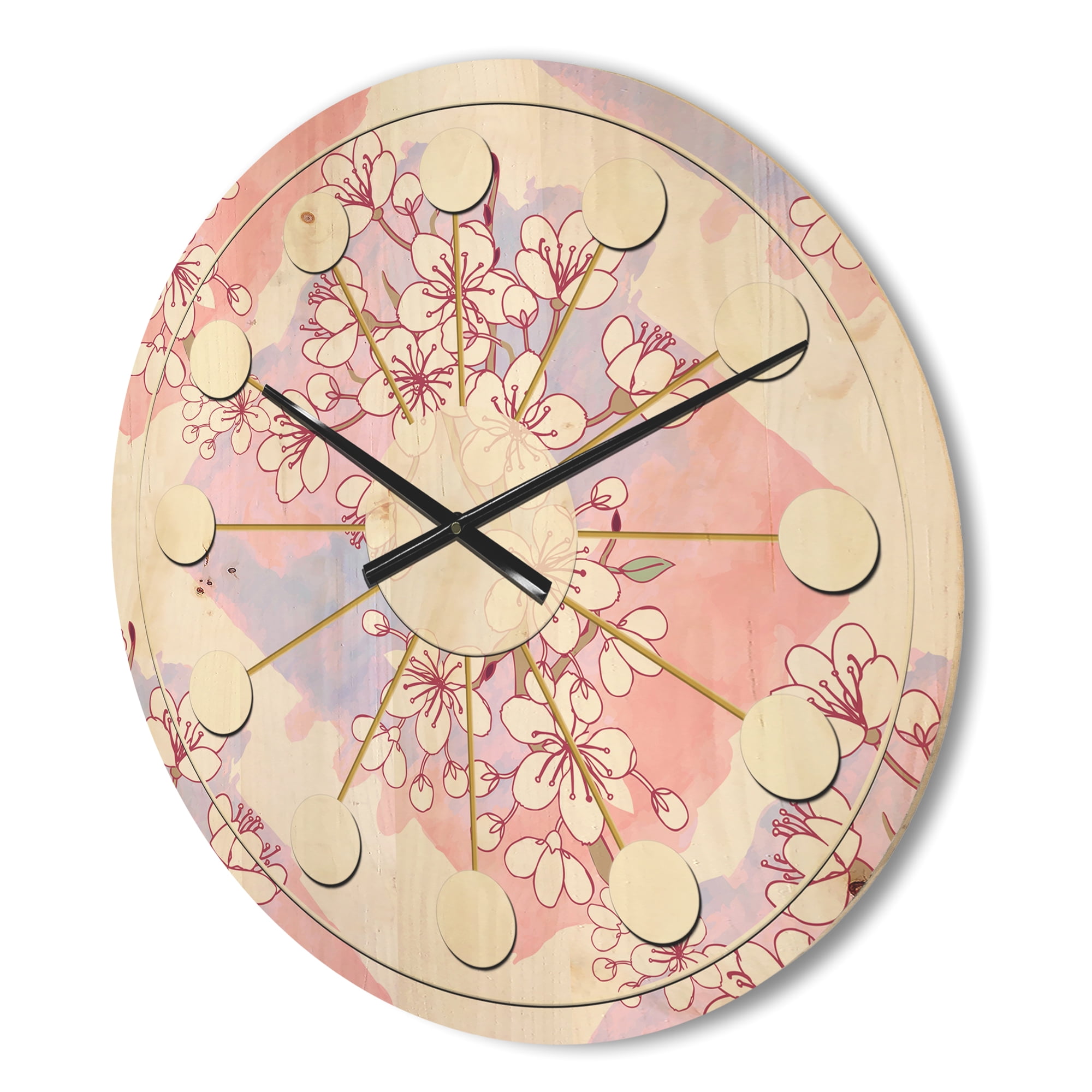 Designart 'Pink Flower Retro Pattern I' Mid-Century Modern Wood Wall Clock