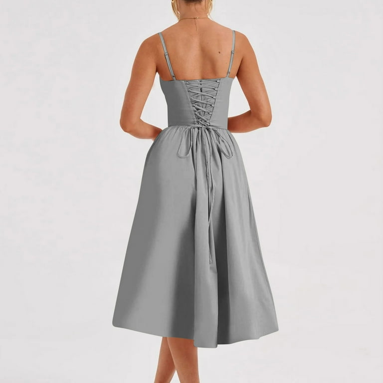 QingYiHua Womens Corset Cocktail Party Evening Dresses Elegant Spaghetti  Strap Bustier Midi Dress Flowy Pleated Hem formal Dresses ,Gray -  Walmart.com