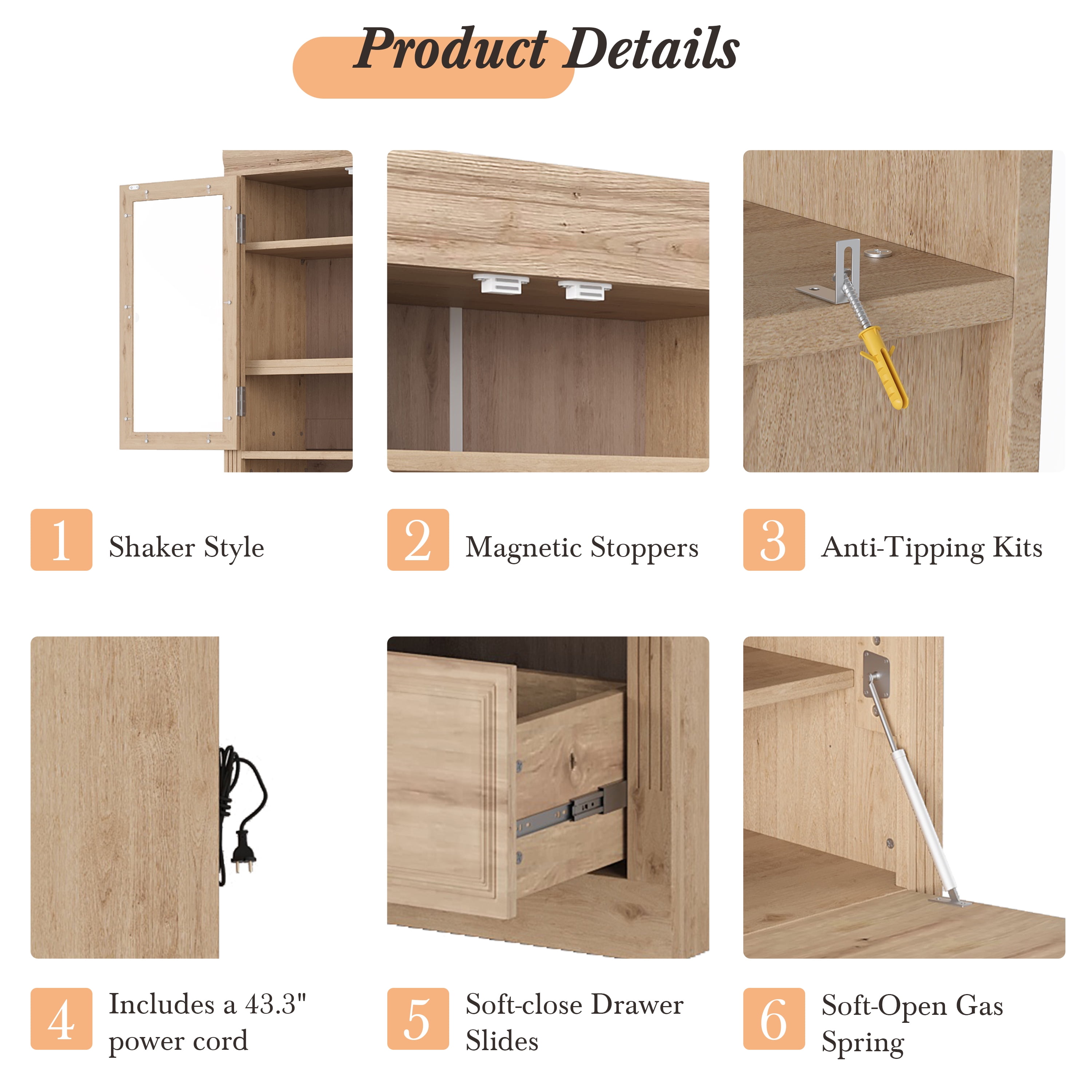 Harper & Bright Designs Tall Kitchen Pantry Cabinet with Power Outlets, Freestanding Cupboard with 3 Drawers and Adjustable Shelves for Dining Room, Natural
