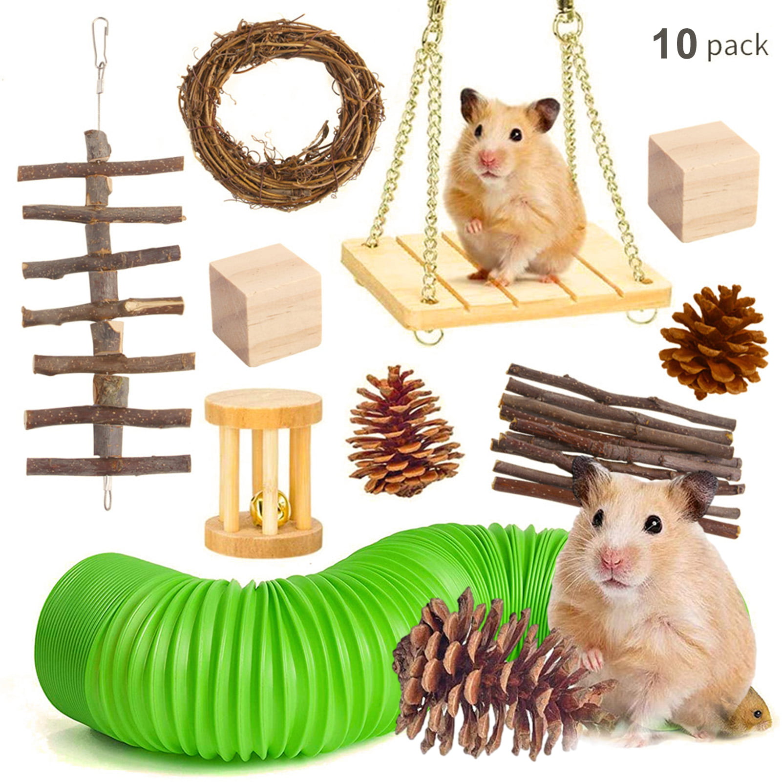 for Small Animal Playing Sleeping 10 Style Suits Hamster Chew Toys Set Natural Wooden Hamster Toys and Accessories Teeth Care Molar Toys,Set House Hanging Bed Cage Toys 1 