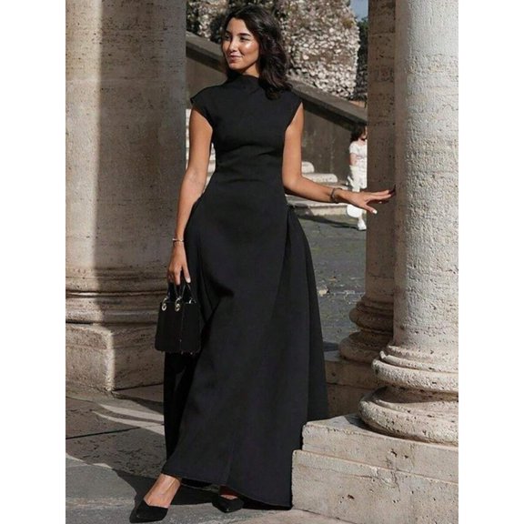 Black Elegant Sleeveless High-Neck Fitted Pleated Maxi Dress For Women