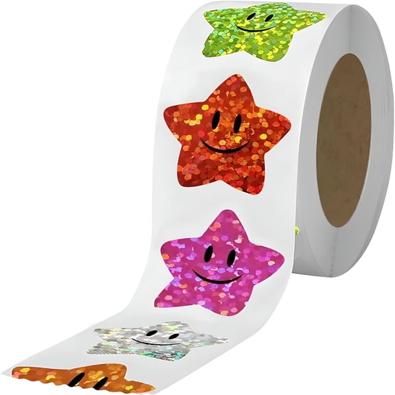 CCOCC 700Pcs Smiley Face Star Stickers for Kids Reward,1inch 8 Colored Sparkly Foil Star Stickers for Student Planner and School Classroom Teacher Supplies 3.15inch in Diameter per roll