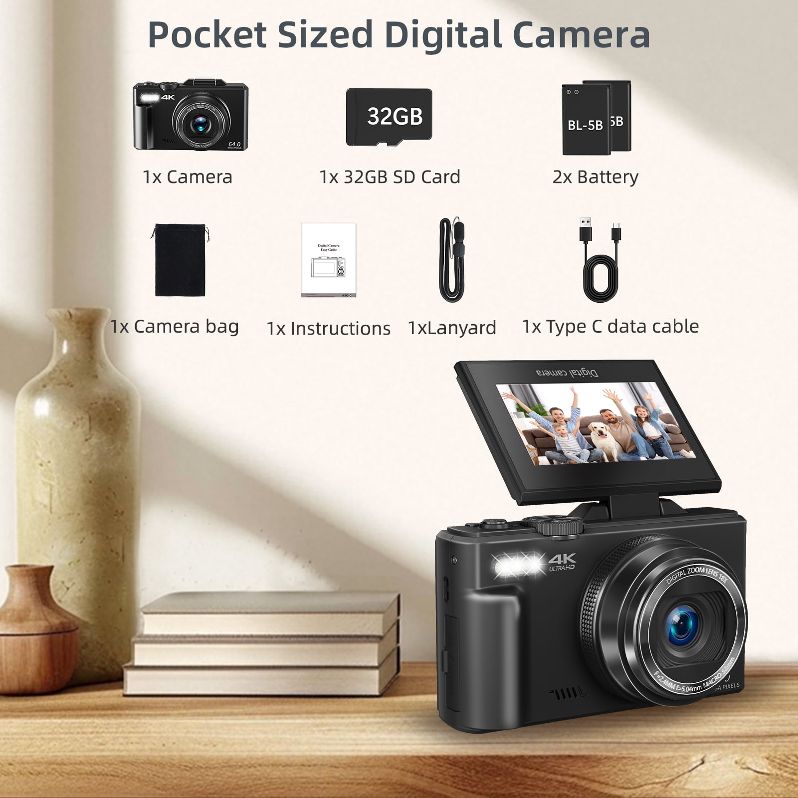 XLURC 4K Digital Camera for Photography with Wifi 64MP Vlogging Camera for YouTube with 3" 180° Flip Screen, 18X Digital Zoom with 32GB Micro SD Card & 2 Batteries