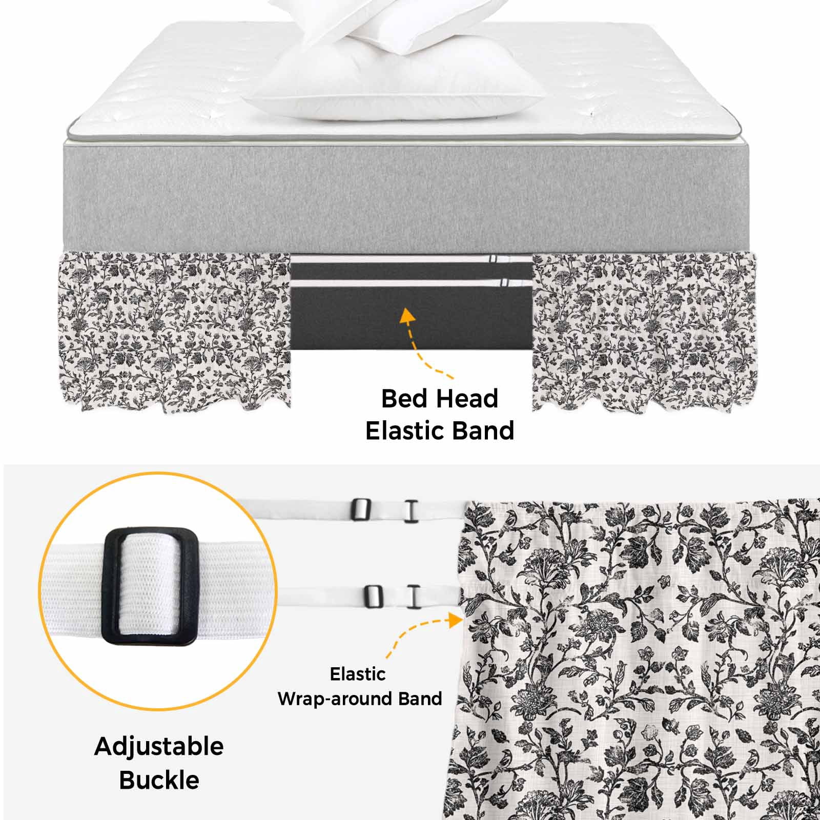 Farmhouse Black Bed Skirt Cal King Size,Vintage Flower Leaf Botanical Plant Wrap Around Bed Skirting with Adjustable Elastic Strap,Dust Ruffled Pleated Bedskirts 16 Inch Drop for Bedroom Beds