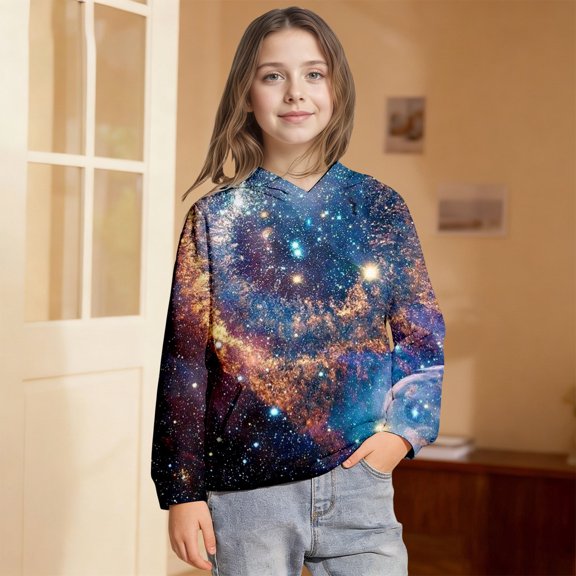 Sweatshirts for Girls Galaxy Print Cozy Pullover Hoodie Top Casual Style Girls Hoodies Size 3-4Y