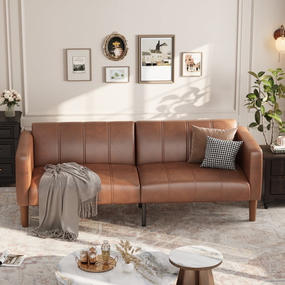 Convertible Futon Sofa Bed 75 inch PU Leather Loveseat Couch with Adjustable Backrest & Side Pockets, Mid-Century Modern for Living Room, Study