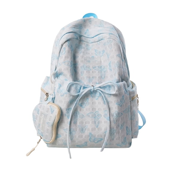 Large Capacity School Backpack for Girls Teens, Lightweight Polyester Semi-Gloss Bookbag with Cute Bowknot, Blue Student Daypack for College Travel Daily Commute