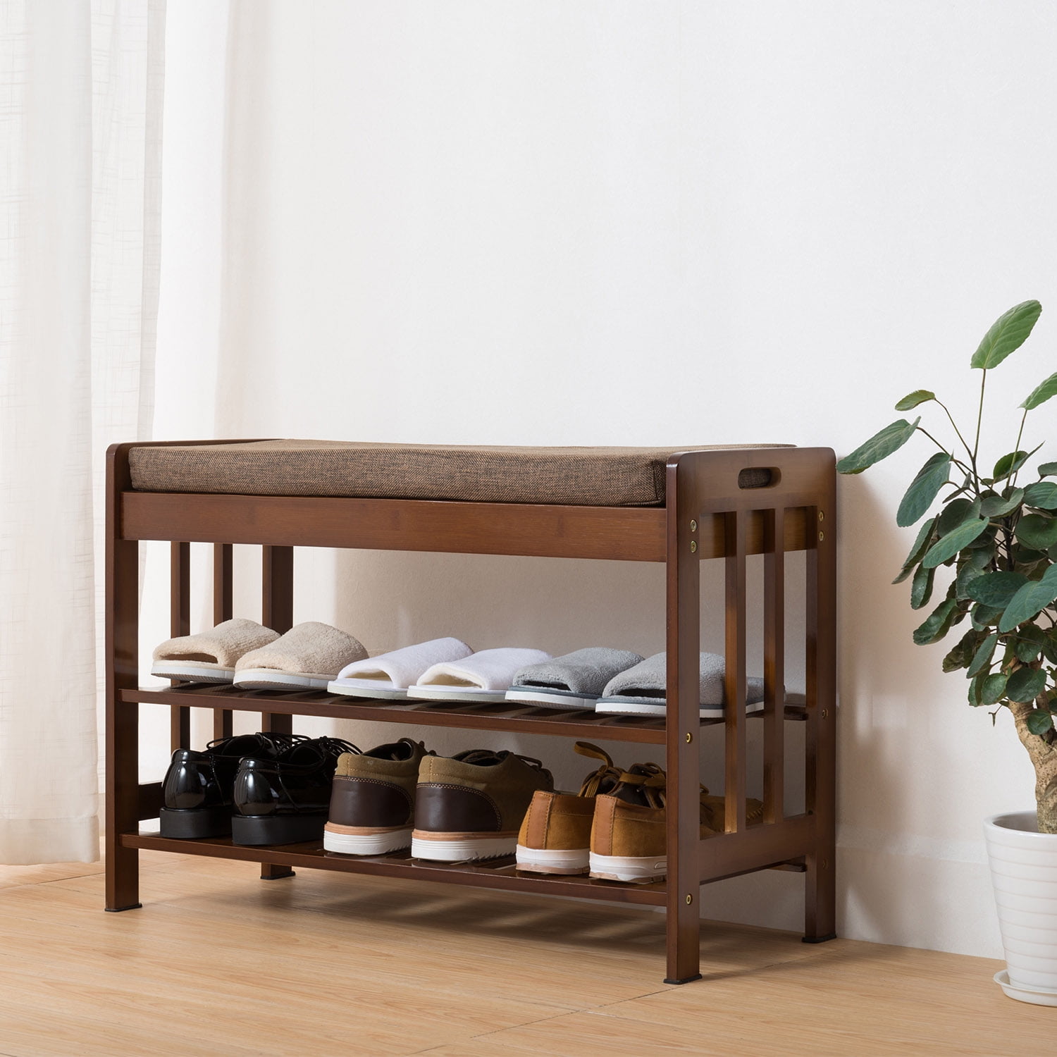 SortWise™ 2 Tier Natural Bamboo Shoe Rack Footstool Bench Entryway Shoes Storage Shelf Organizer with A Larger Boots Heels Section 34 1/4 L x 11 1/8 W x 17 3/4 H Natural