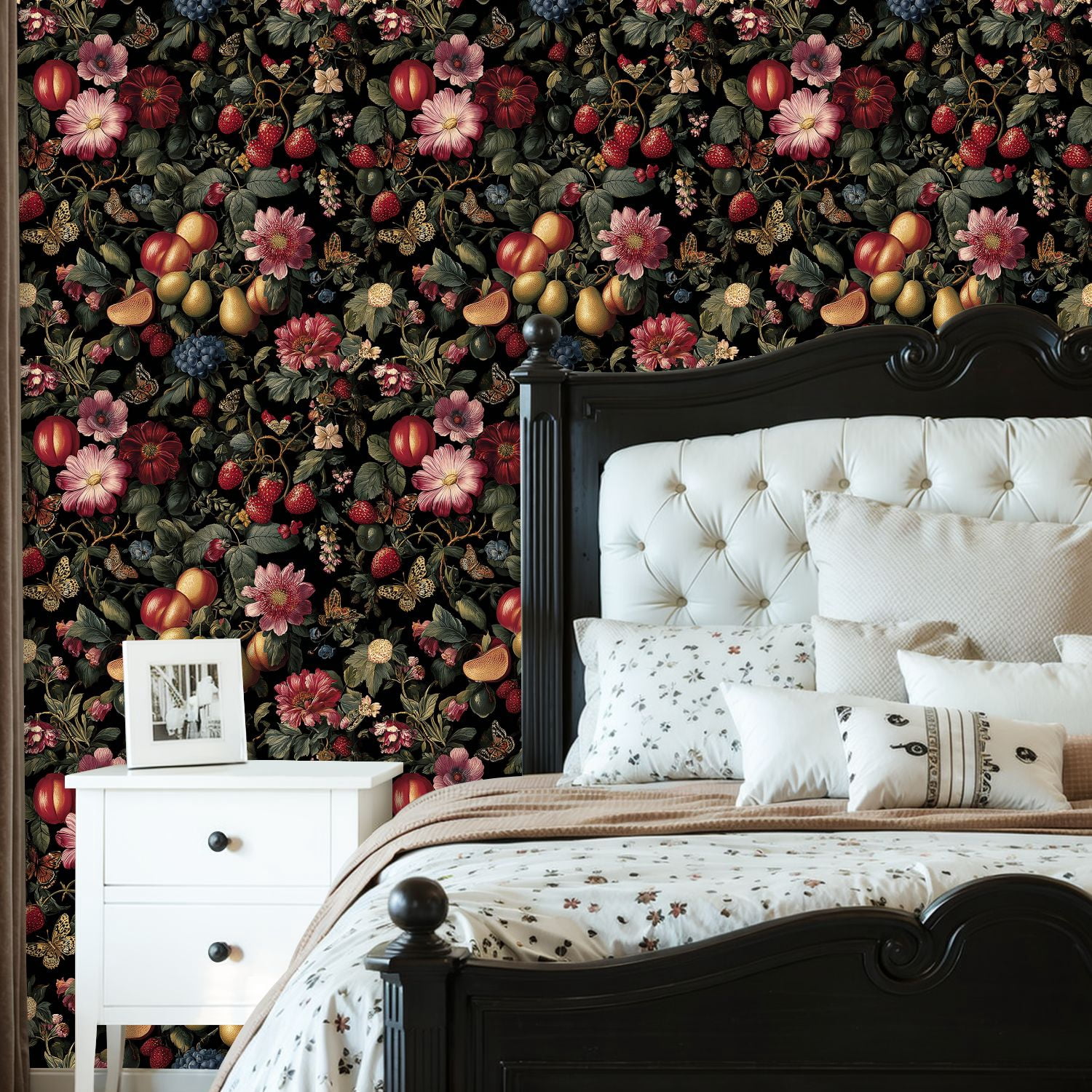 Peel and Stick Wallpaper Floral Botanical Vintage Flowers Fruits Butterflies Dark Wall Mural 23.6in x 9.8ft Self Adhesive Removable Wall Paper Renter Friendly Wallpaper for Nursery Bedroom Cabinets