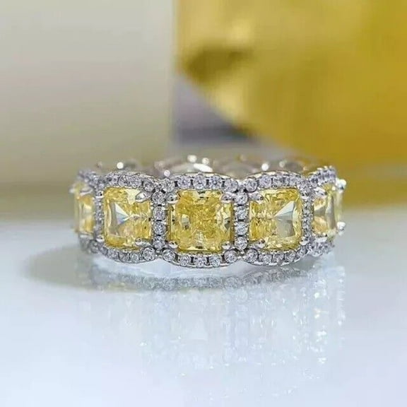 Aishvi Jewels 14K White Gold Plated 2Ct Cushion Cut Lab-Created Yellow Diamond Wedding Ring