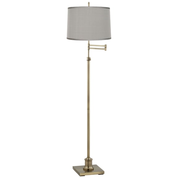 360 Lighting Swing Arm Floor Lamp Adjustable Height 70" Tall Antique Brass Platinum Gray Dupioni Silk Drum Shade for Living Room Reading