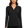 thumbnail image 2 of Women's Athletic Polo Top Long Sleeve Collared V Neck Quick Dry Stretch Slim Fit Breathable Golf Daily Casual Shirt Black S, 2 of 7