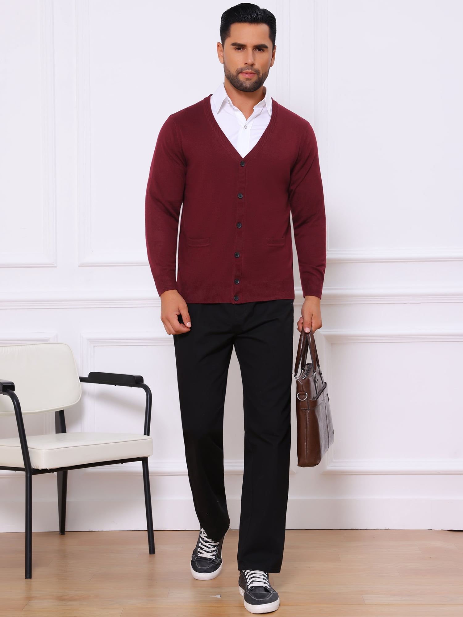 DARING DIVA Men's V Neck Long Sleeved Button Down Knit Sweater with Pockets L Burgundy