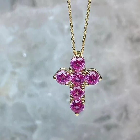 2Ct Round Cut Lab Created Pink Sapphire Cross Pendant 14k Yellow Gold Plated
