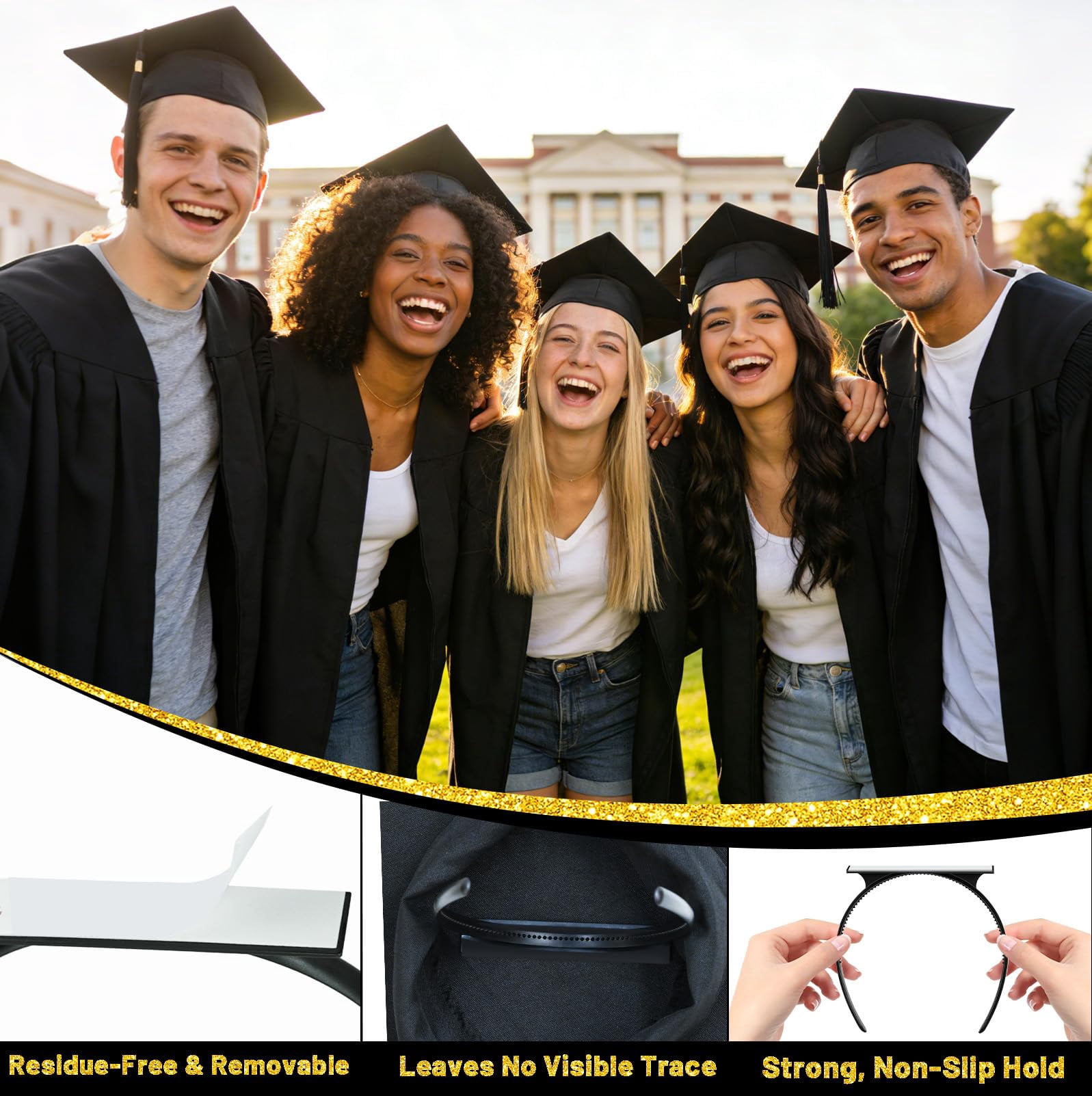 2 Pcs Black Graduation Cap Headband Insert, Anti-Slip Graduation Hat Holder for Curly Hair, Secure Fit Hairband Accessory, Keeps Hairstyle Natural and Stable