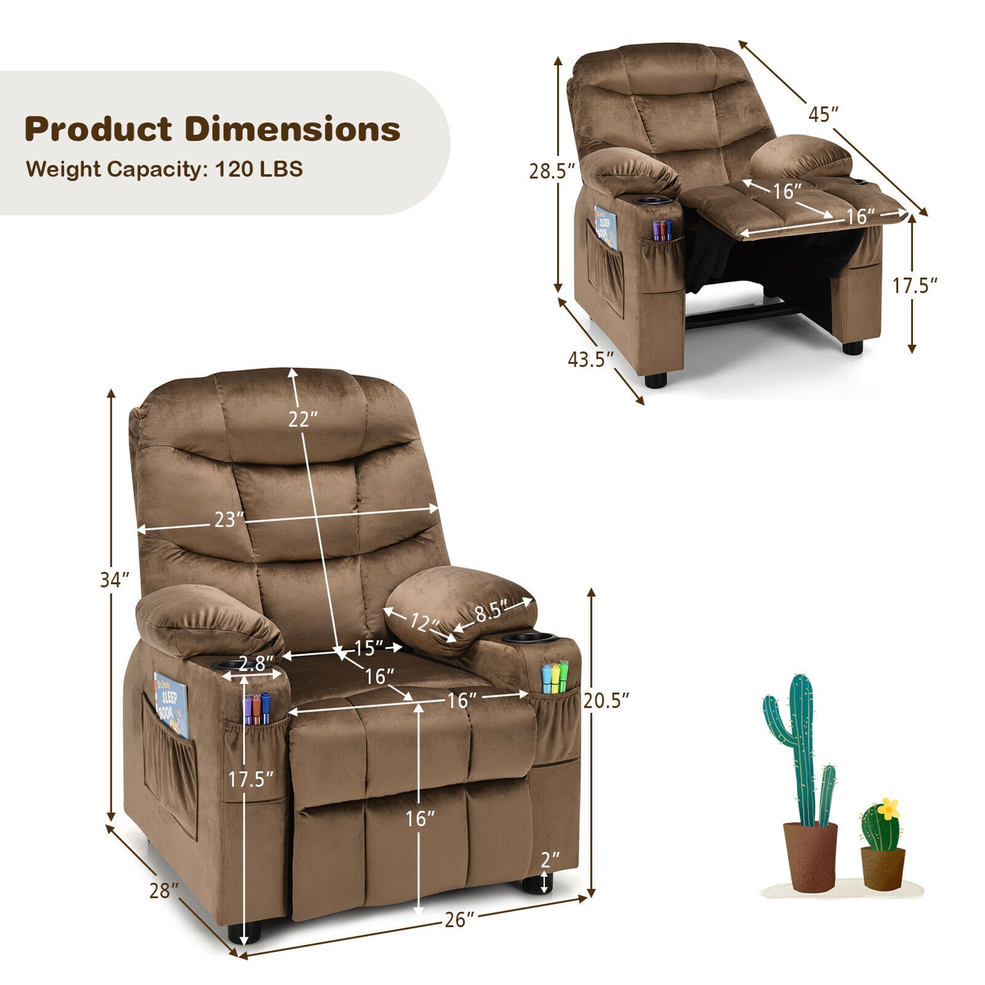 Gymax Kids Youth Recliner Chair Velvet Fabric w/Cup Holder & Side Pocket Brown