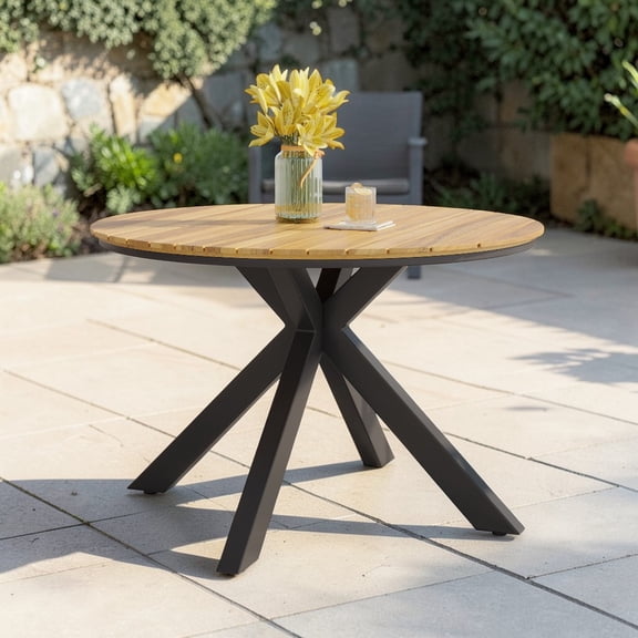 GZXS 45.25" Round Outdoor Dining Table, Modern Industrial Patio Table with Acacia Wood Slat Top & Metal Legs, Weather-Resistant for Backyard Garden (Teak & Black)
