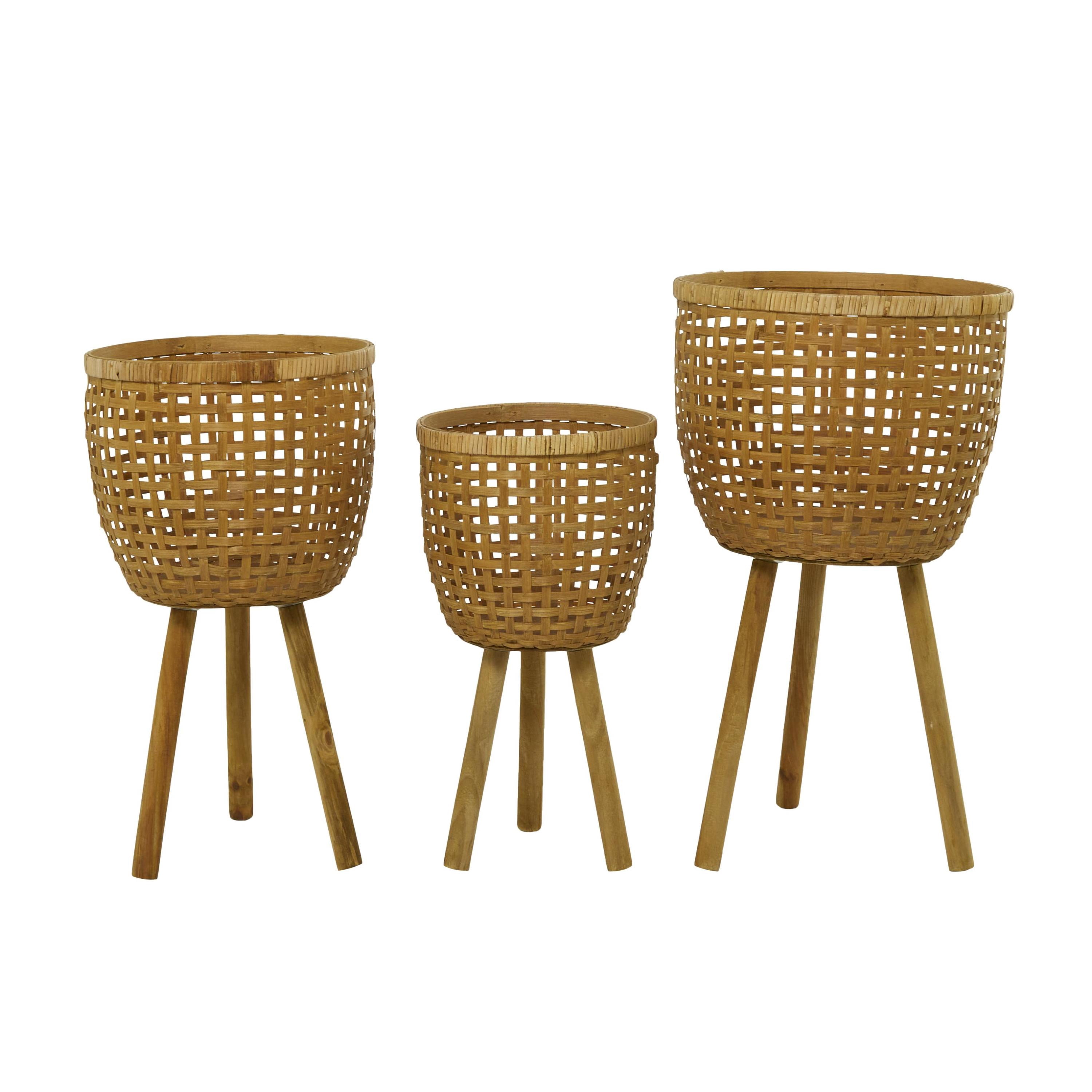 DecMode 26", 23", 20"H Handmade Woven Basket Brown Bamboo Wood Planter with Wooden Tripod Legs (3 Count)