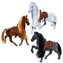 Simba Toys: Flocked Horse Set – 3 Detailed Pony Figurines, 7" Toy Animal Miniatures, Brush & Saddles, Brown, White, Black Set, Nature World, Kids 3 