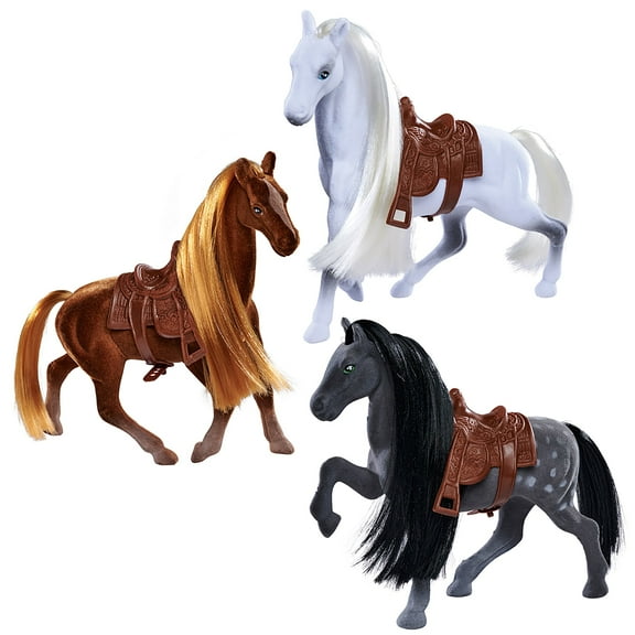 Simba Toys: Flocked Horse Set – 3 Detailed Pony Figurines, 7" Toy Animal Miniatures, Brush & Saddles, Brown, White, Black Set, Nature World, Kids 3 