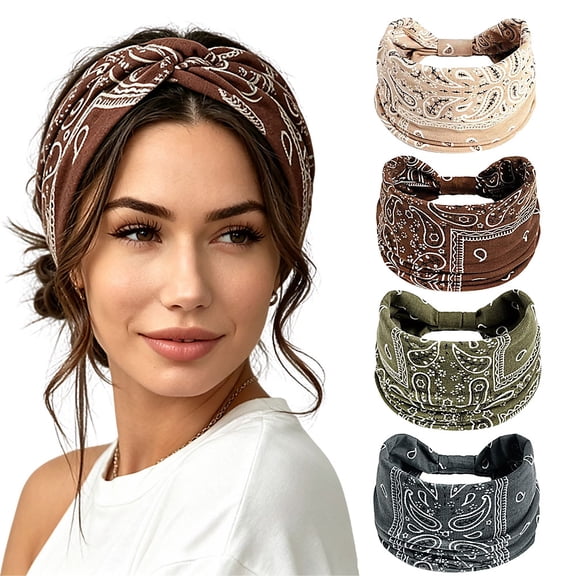 4 Pack Paisley Twist Knot Wide Headbands for Women, Soft Stretchy Boho Bandana Hair Wraps, Non Slip Floral Print Sweat Hair Bands for Yoga Workout Daily Casual Outfits