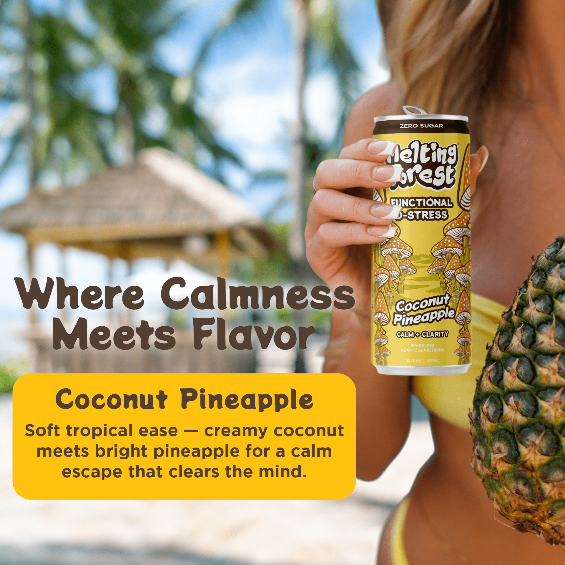 Melting Forest D-Stress Drink Coconut Pineapple Mushroom-Infused Seltzer 5 Calories Zero Sugar 12-Pack 12 fl oz