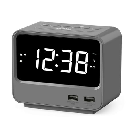 Alarm Clock Radio for Bedrooms with Two USB Charging Port, Large Numbers with adjustable Brightness, Bedside Digital FM Radio with Sleep Timer, Adjustable Volume, Snooze for White Led Digital Clock