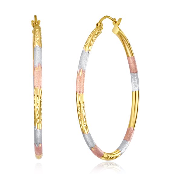 Wellingsale Ladies 14k Tri 3 Color Gold Polished Diamond Cut 2mm Tube Hoop Earrings (35 x 35 mm)