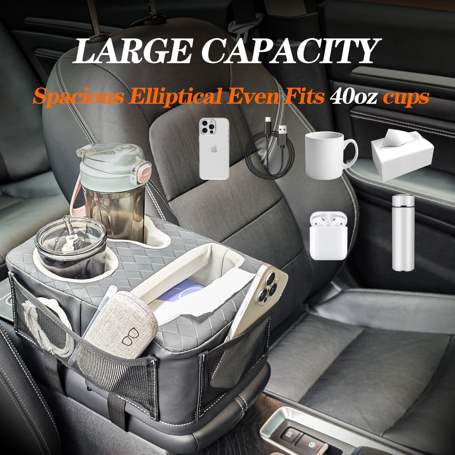 Auto Center Console Cup Holder Organizer, Universal PU Leather Armrest Storage Box with Tissue Holder & Side Pockets, Multi-use for Car Front/Back Seat, Truck, RV, Boat
