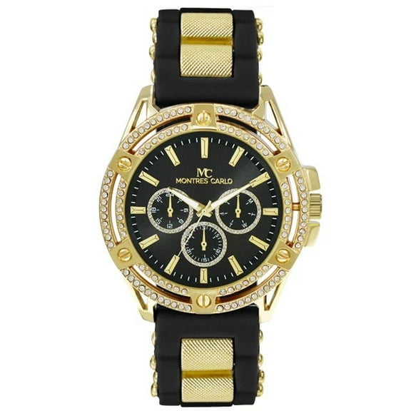 48mm Montres Carlo Men's Fashion Sport Stones Silicone Band Luxury Wrist Watch (Gold/Black)