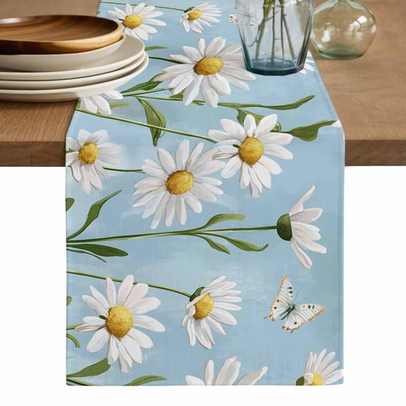 Blue Daisy Flower Table Runner, White Farmhouse Floral Spring Washable Cotton Linen Table Runners 48 Inches Long, Dresser Scarf Runner for Nightstand/Coffee/End Tables 13''x48''