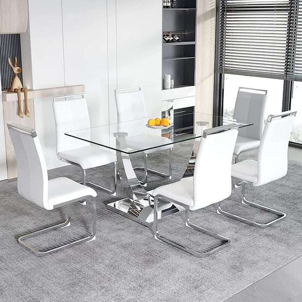 Glass Dining Table Set for 6, Modern Kitchen Table and Chairs Set with