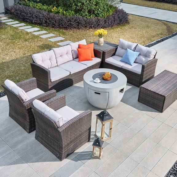 7-Piece Patio Brown Rattan Conversation Sofa Set with Fire Pit Table
