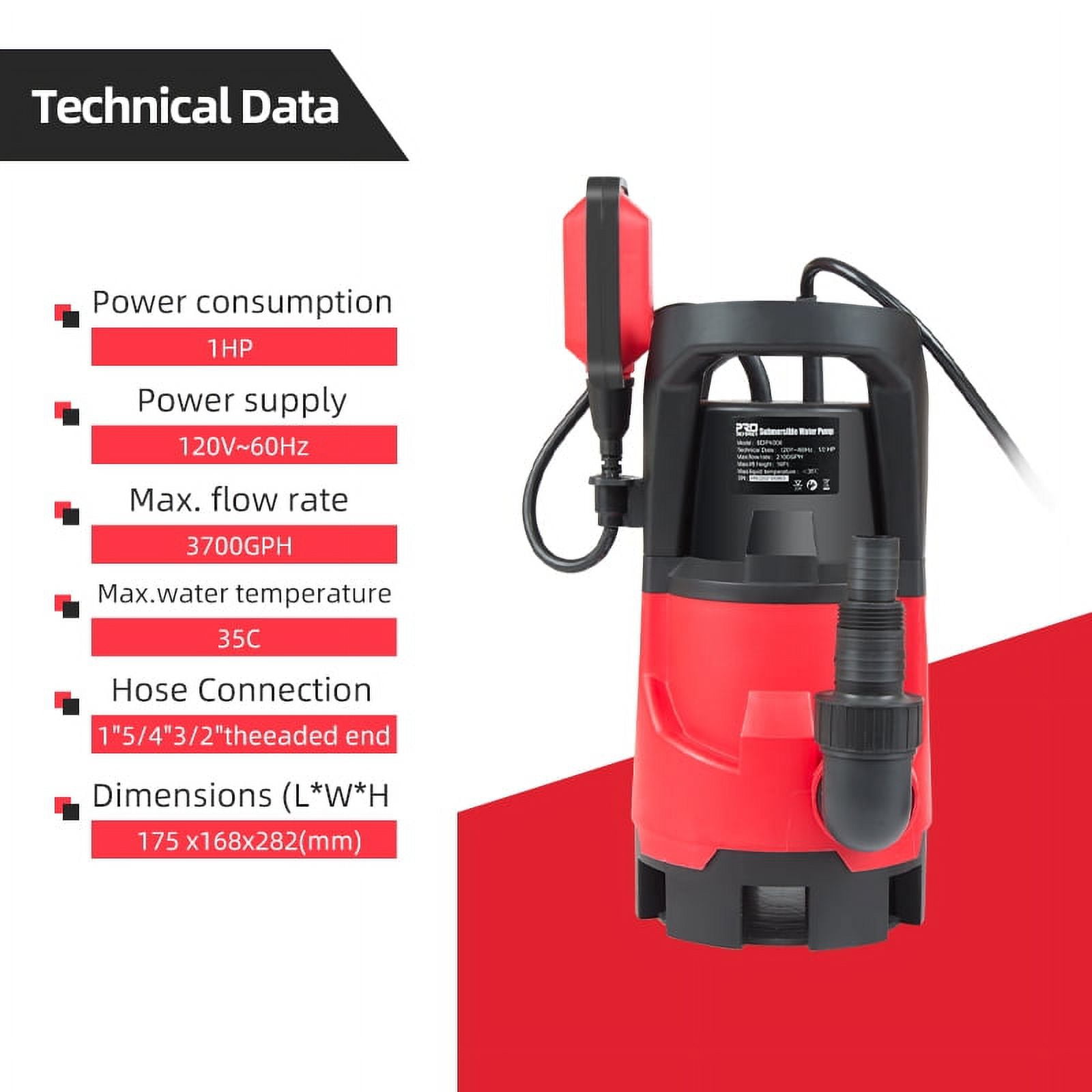 Sump Pump ,1HP Submersible Electric Water Pump with 3700GPH Automatic Float Switch for Pool Draining Hot Tub Flood Drain and Irrigation