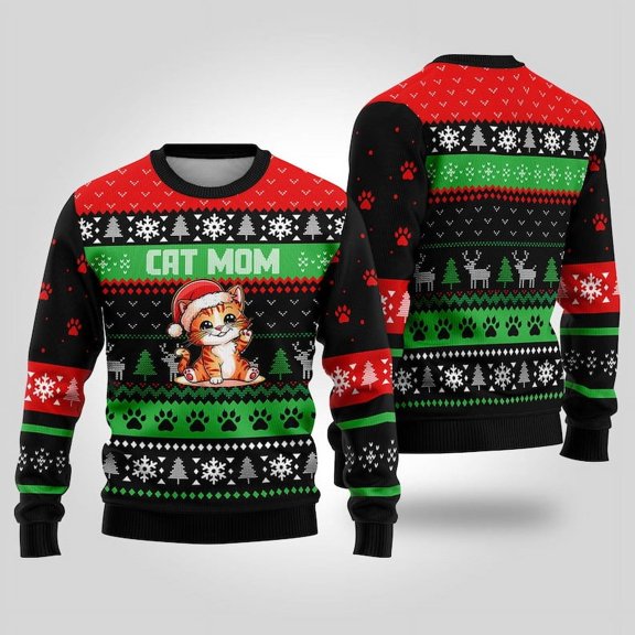 Cat Mom Ugly Christmas Sweater, Funny Holiday Sweatshirt, Cute Xmas Gift for Cat Lovers, Tacky Christmas Sweater Party Outfit
