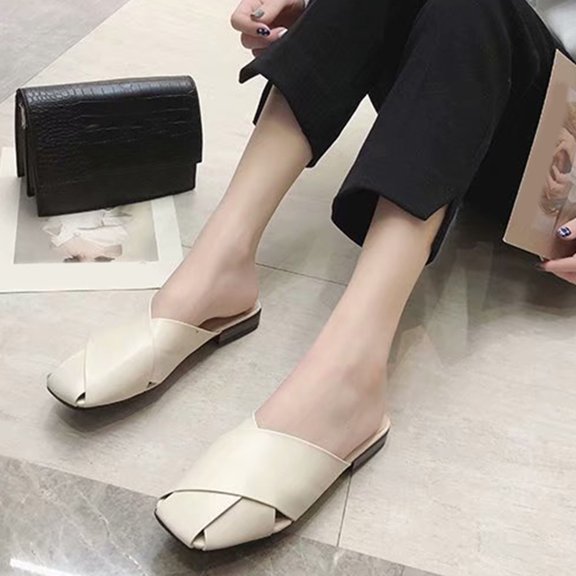 Sandals for Women 2025, Xunlbb Half Drag Women's Baotou Women's Shoes Casual Flat Low Heel Slippers(White,Size:35)