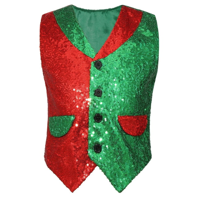 XUNZOO Gilet de Noël à Sequins pour Garçons et Filles, Sans Manches, Boutonné, Rouge 6