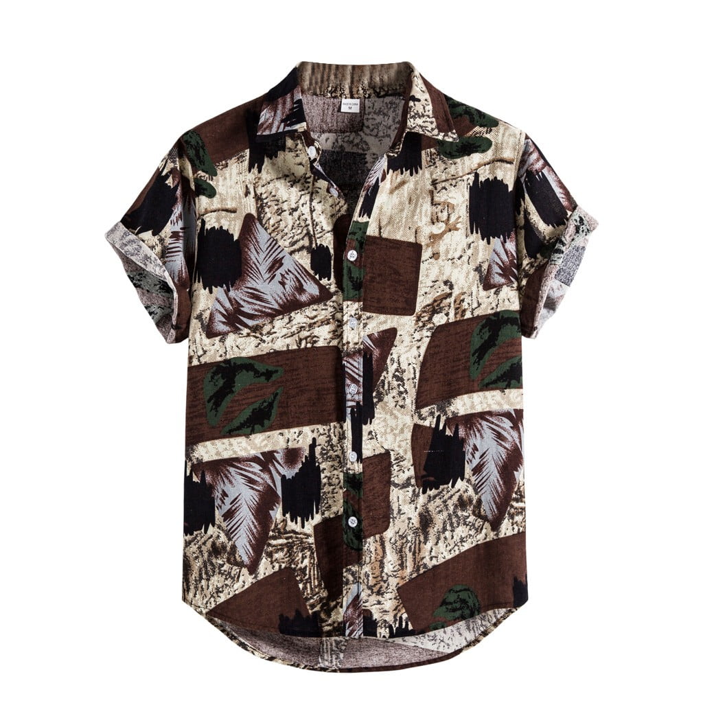 Mens Cotton Linen Short Sleeve Tops Casual Ethnic Print Hawaiian Shirt Blouse UK 