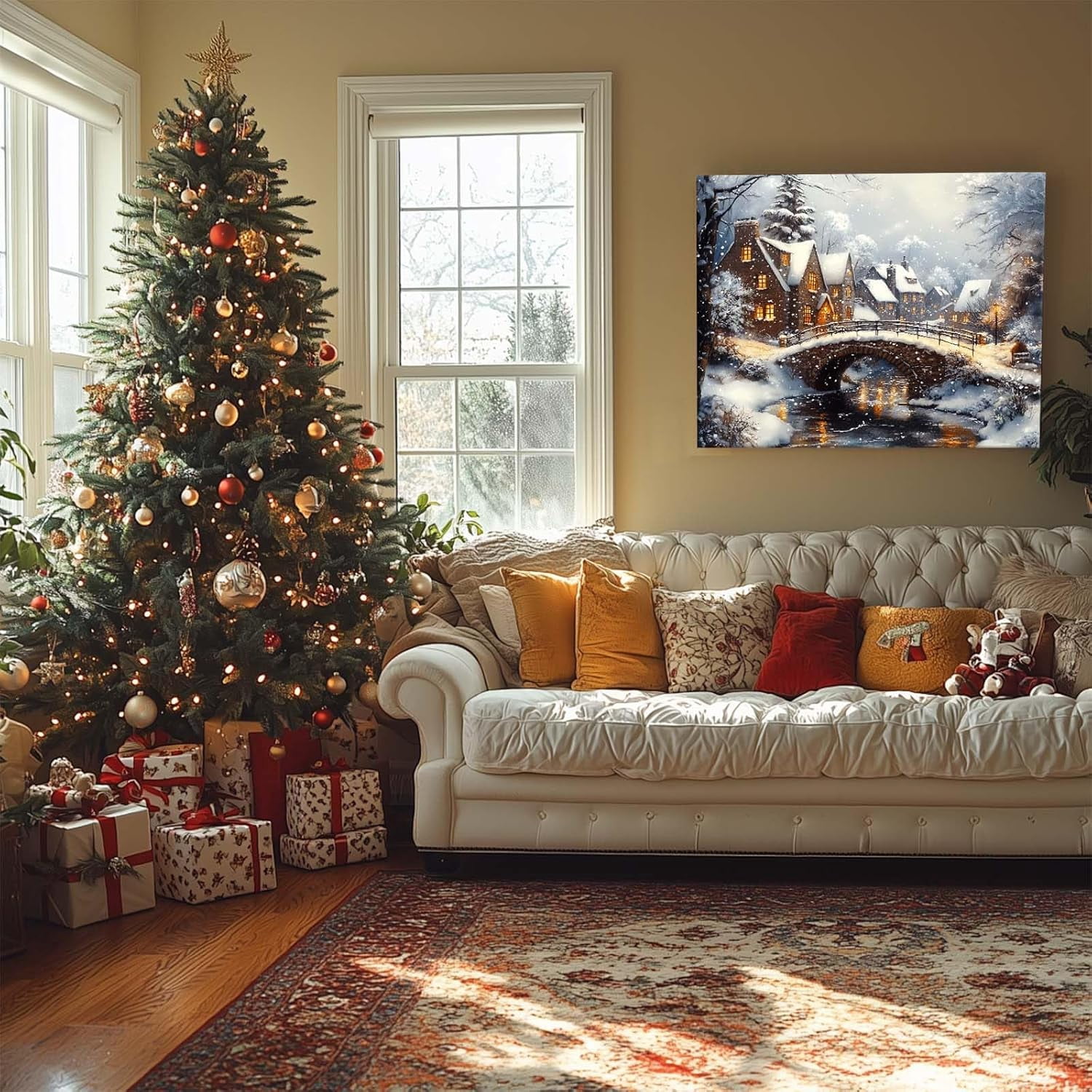 ChristmasCanvas Wall Art Decor with Nighttime Houses, Lights and Snowflakes, Festive Canvas Print for Room, Christmas-Themed Wall Décor for Celebration, Christmas Night Scene Wall Art, 20X24inch