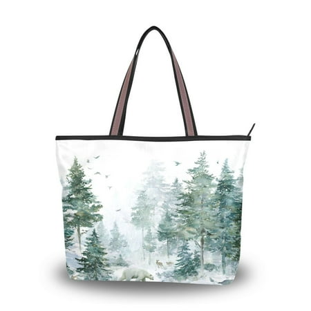 Womens Tote Bag Fashion Handbags Shoulder Bag Lightweight & Multi-Compartment Carryall Green Snowy Forest Scene L